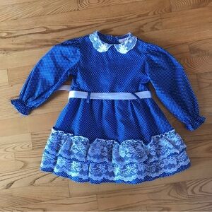 Jill Lynn vintage Dress royal blue white polka dot lace ribbon long sleeve T3 3T